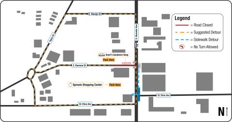Detour map for Ramona St., please see the accompanying text on this page for full detour and closure details,