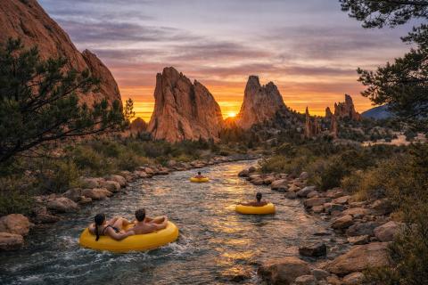 An AI-generated image of residents floating down a lazy river in inner tubers in Garden of the Gods.