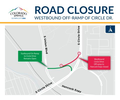 Closure and detour map for Westbound Circle Drive. Please see the accompanying text on this page for full details.