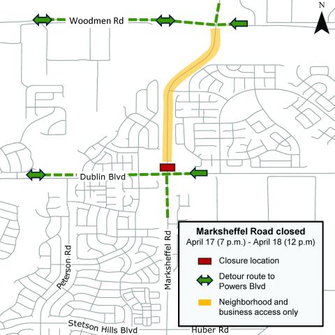 Detour map of overnight closure of Marksheffel Road just north of Dublin Blvd. See the accompanying text on this page for full closure and detour details.