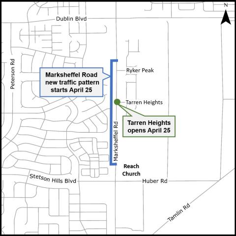 Marksheffel Road traffic pattern shift map. See accompanying text on this page for the full details.