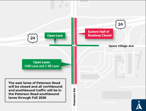 Construction map of the US-24/Peterson interchange. East lanes of Peterson Road will be closed and all northbound and southbound traffic will be in the Peterson Road southbound lanes through Fall 2026.