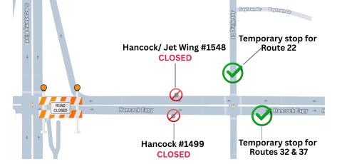 Hancock Expy. closure map for Mountain Metro Transit. See text on this page for full details.