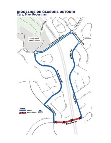 Detour Map for Ridgeline Drive, see accompanying text on this page for full closure and detour details.