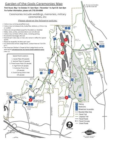 A map of ceremony locations in Garden of the Gods. All information on webpage.