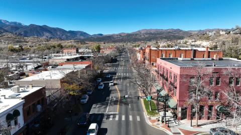 Aerial view of Old Colorado City stretch of Colorado Avenue.