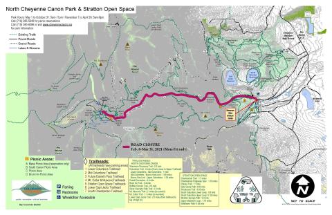 Map of road closure from the main entrance of North Cheyenne Cañon Park to the parking lot at Helen Hunt Falls