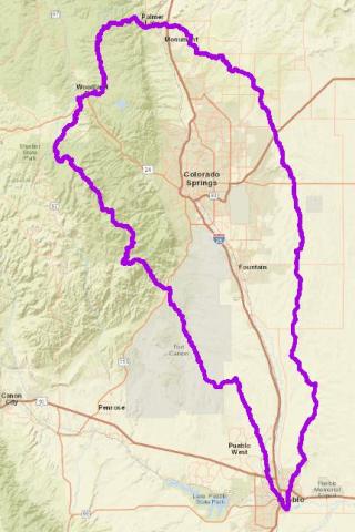 Map showing the boundaries of the Fountain Creek watershed