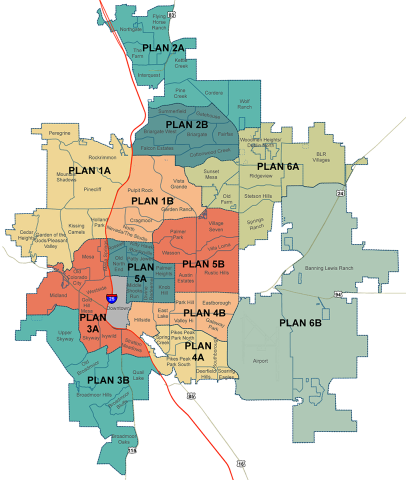 A map of Colorado Springs broken up into 12 plan areas plus downtown.