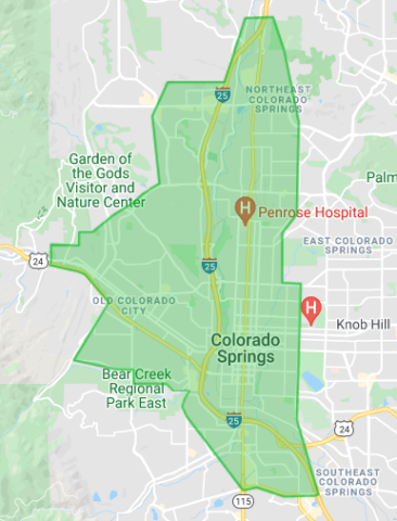 map of e-scooter coverage area including downtown, westside and central Colorado Springs