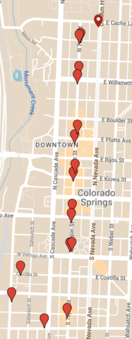 An updated shuttle stops map for the COS downtown shuttle