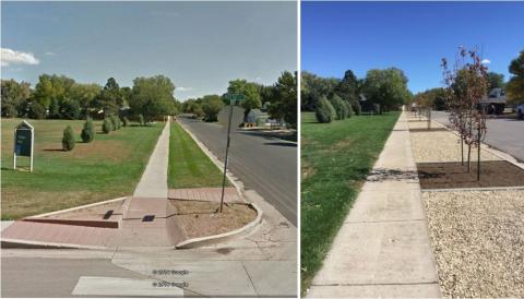 before photo shows green grass in area between sidewalk and street. After photo wood mulch instead of grass in the same area.