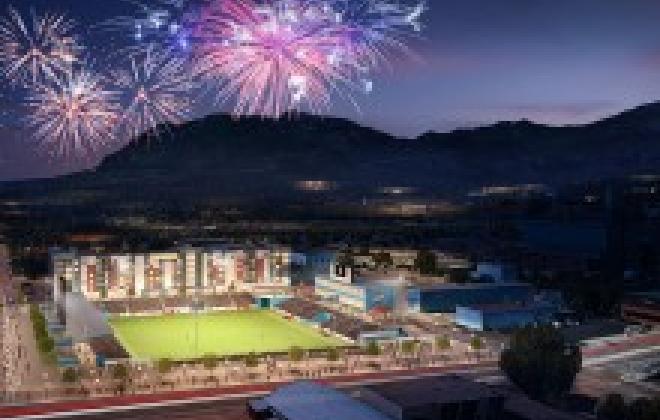 A photo of Weidner field in Colorado Springs at night with fireworks