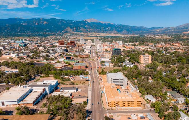 aerial view of Pikes Peak Avenue leading into downtown Colorado Springs