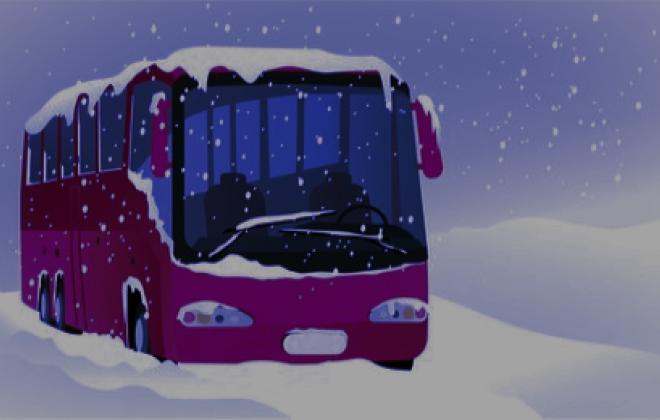 cartoon drawing of a bus covered in snow