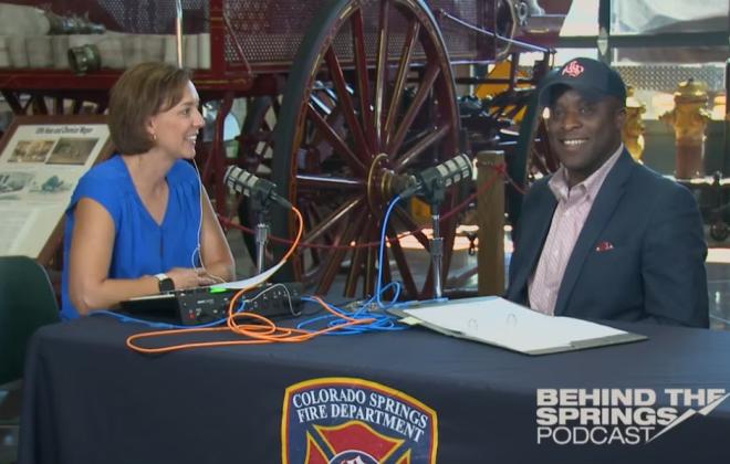 Jen Schreuder and Mayor Yemi on the set of Behind the Springs at the Fire Department Museum