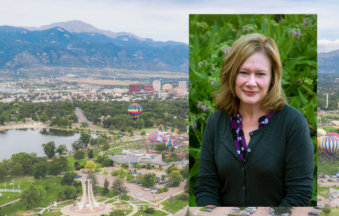 Portrait of Britt Haley overlayed on an image of America the Beautiful Park.