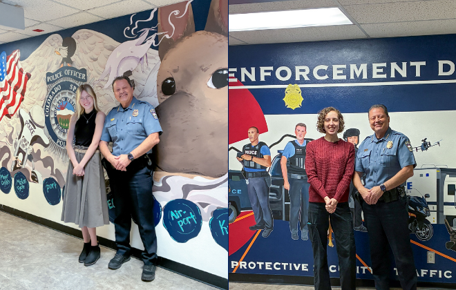 Two photos side by side of Chief Adrian Vasquez with the students who's murals were selected to be installed at the CSPD Special Enforcement Division.