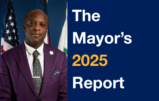 A thumbnail graphic that shows a portrait of Mayor Yemi on the left side and reads "The Mayor's 2025 Report"