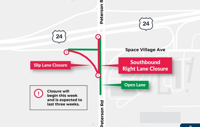 Lane closure map for the Highway 24/Peterson Road Interchange Project. See copy to the left of this image for details.