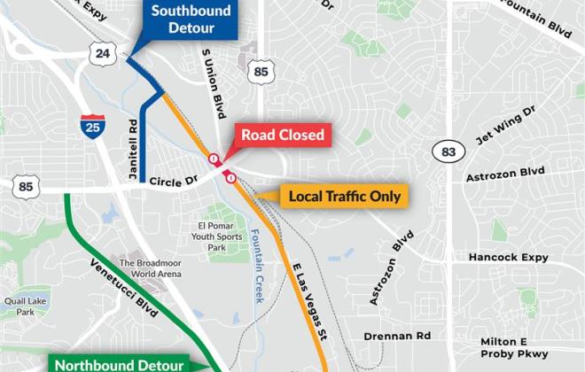 Map of the closure of E. Las Vegas St. to allow for the demolition of the railroad bridge for the Circle Dr. Bridges Project.