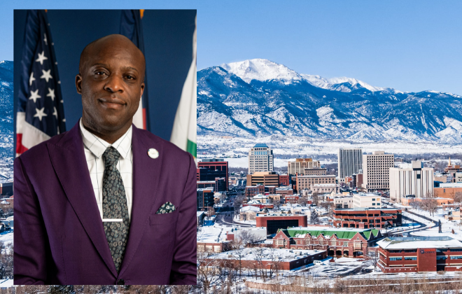 A thumbnail image of Mayor Yemi overlayed over an image of snowy downtown Colorado Springs.