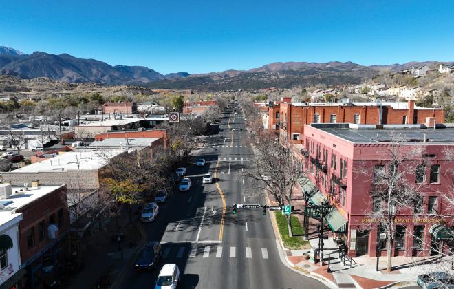 Aerial view of Old Colorado City stretch of Colorado Avenue.