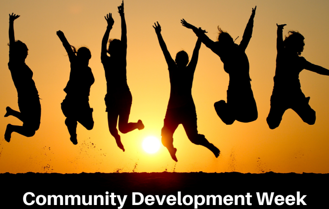 Silhouette of six people jumping with the sun setting behind them in a golden sky. text says "community development week'