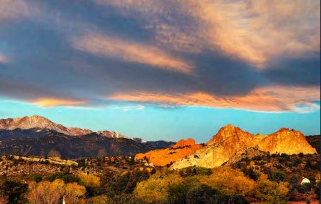 Beautiful sunset photo of Pikes Peak and Garden of the Gods
