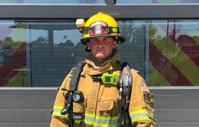 Structure firefighting gear: yellow firefighting uniform and helmet covers head to toe