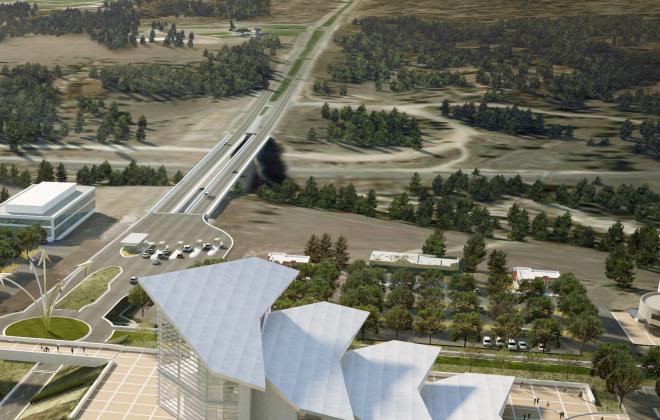 aerial rendering of the visitors center