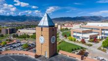 Aerial view of clock tower and UCCS campus