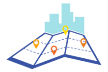 Icon of an open map with a city skyline in the background