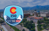 The Colorado 250/150 logo overlayed on an image of the Colorado Springs Pioneers Museum.